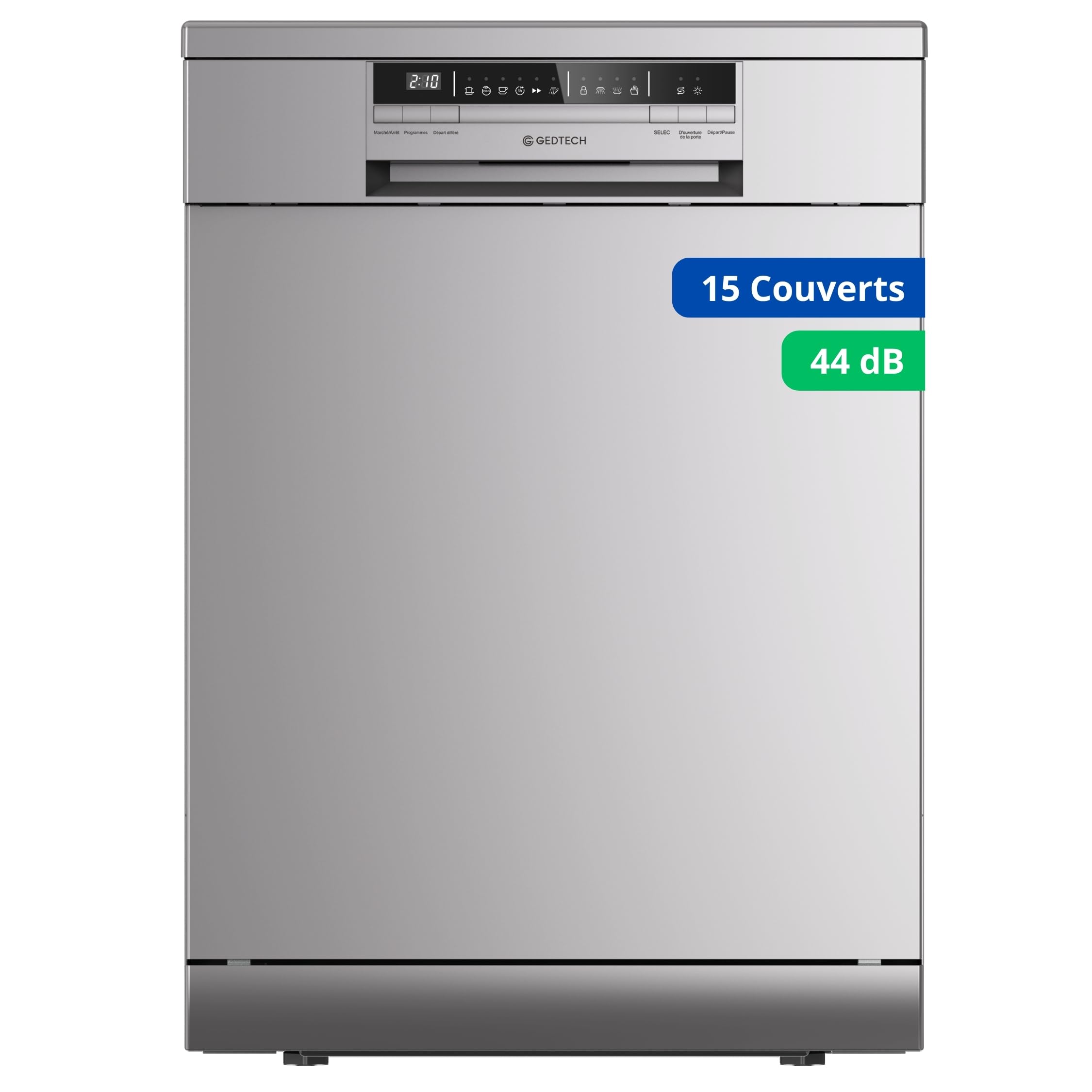 GEDTECH Lave-vaisselle 15cv Très silencieux Rapide Faible conso Silver Classe C Protection enfant